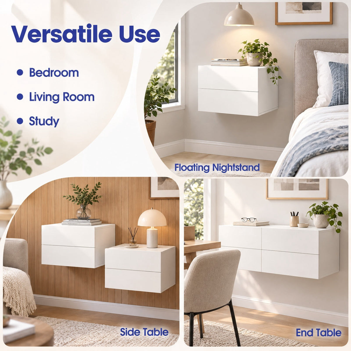 Airfind Floating Nightstand with 2 Storage Drawers Wall Mounted for Bedroom, White, Wide tabletop and 2 drawers keep bedtime essentials within reach