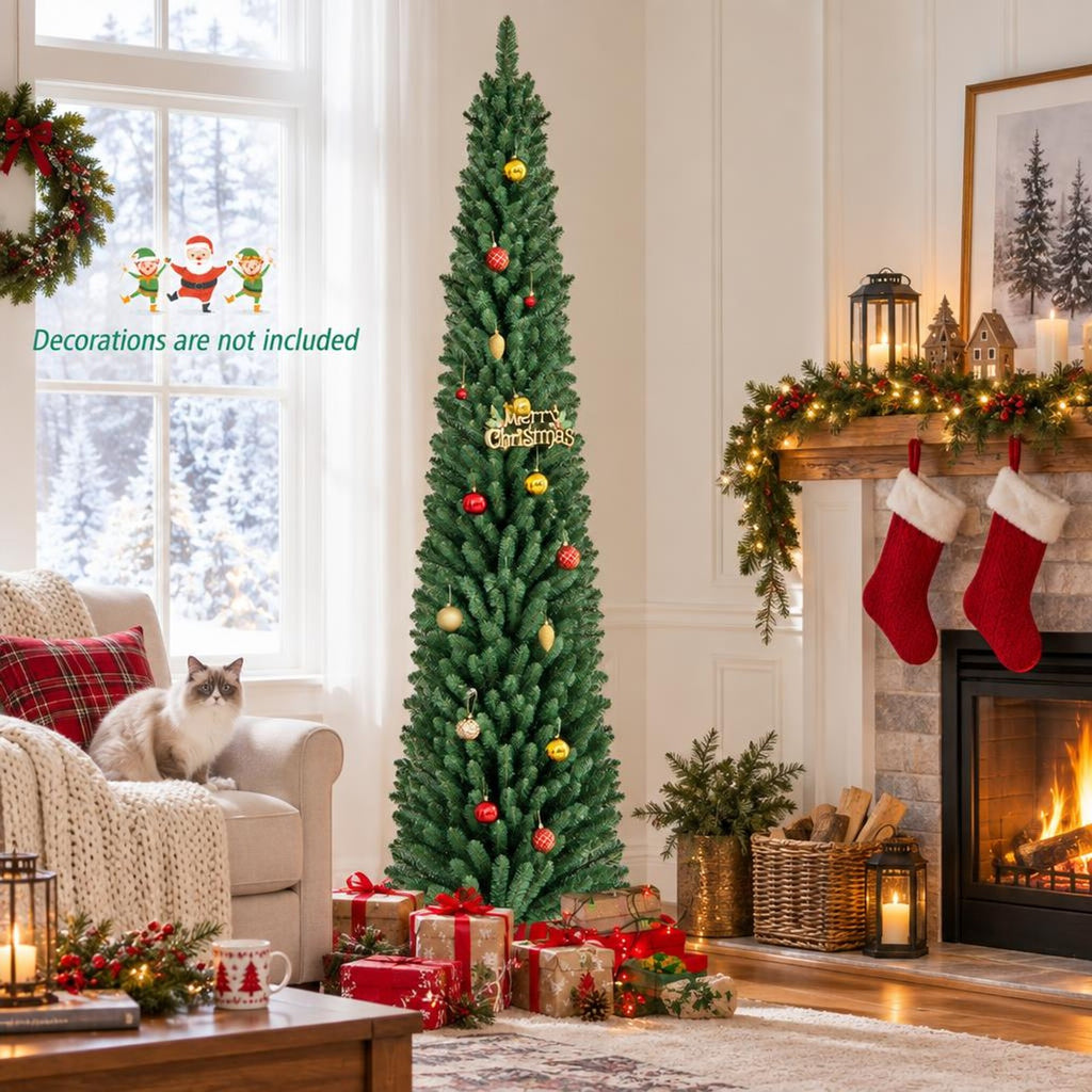 Airfind 8 Feet Pencil Christmas Tree with 671 Memory Wire Branch Tips and Upgraded Metal Stand, PVC Metal Frame, Green