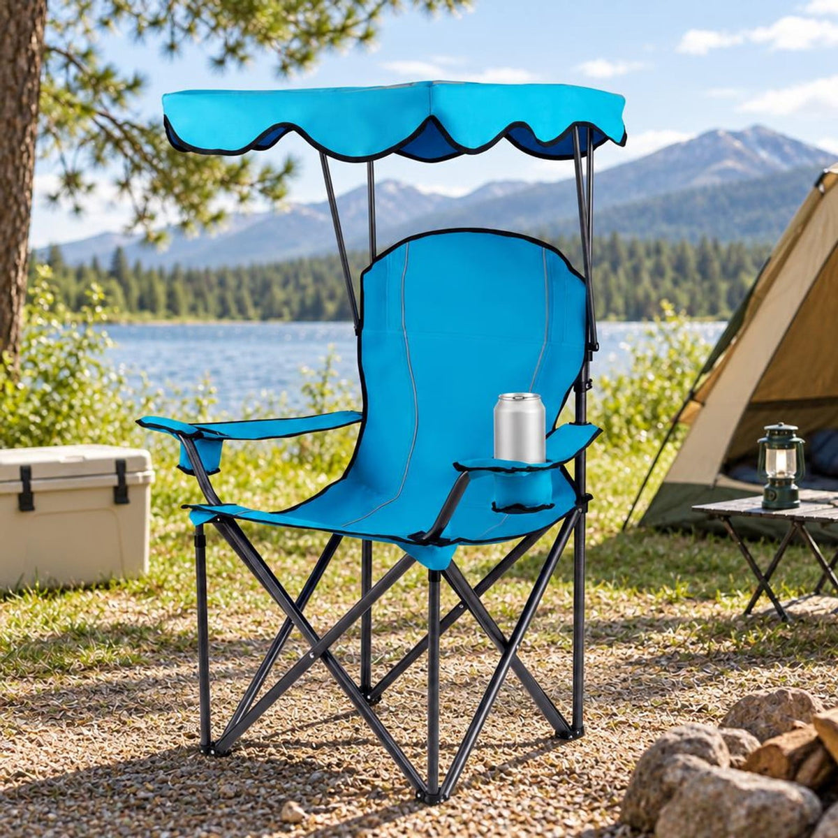 Airfind Portable Folding Beach Canopy Chair with Cup Holders, 265 lbs Capacity, Steel tubes Frame, 38 x 26.5 x 51 Footprint, Light Blue