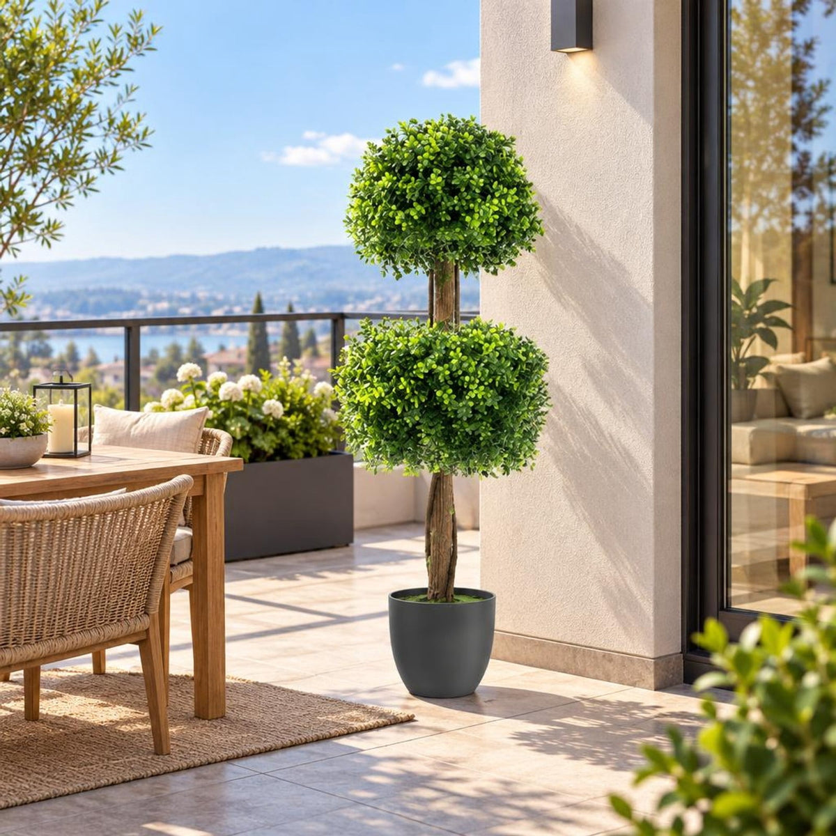Airfind 40 Inch Artificial Boxwood Topiary Ball Tree for Front Porch Patio Home, PP Cement PE for Convenient Everyday Use, Green