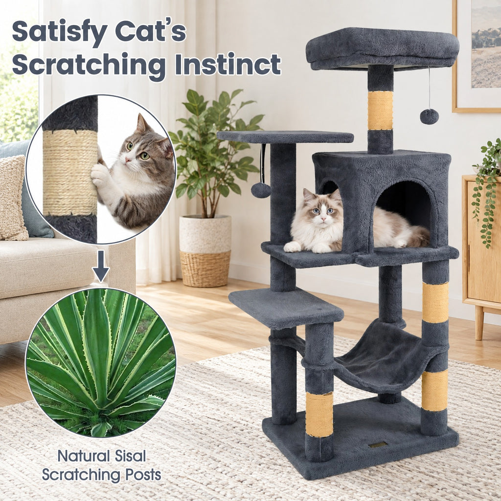 Airfind Multi-Level Cat Tower with 2-Door Condo and Padded Top Perch, PP Cotton Fabric Sisal Engineered Wood Overall Height 44 Base Frame, Gray