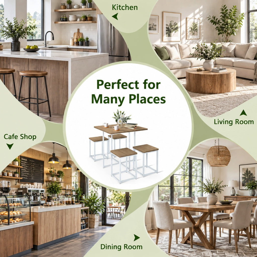 Airfind 5 Pieces Metal Frame Dining Set with Compact Dining Table and 4 Stools, Steel MDF Frame, 31in x 31in x 30in Footprint, Natural