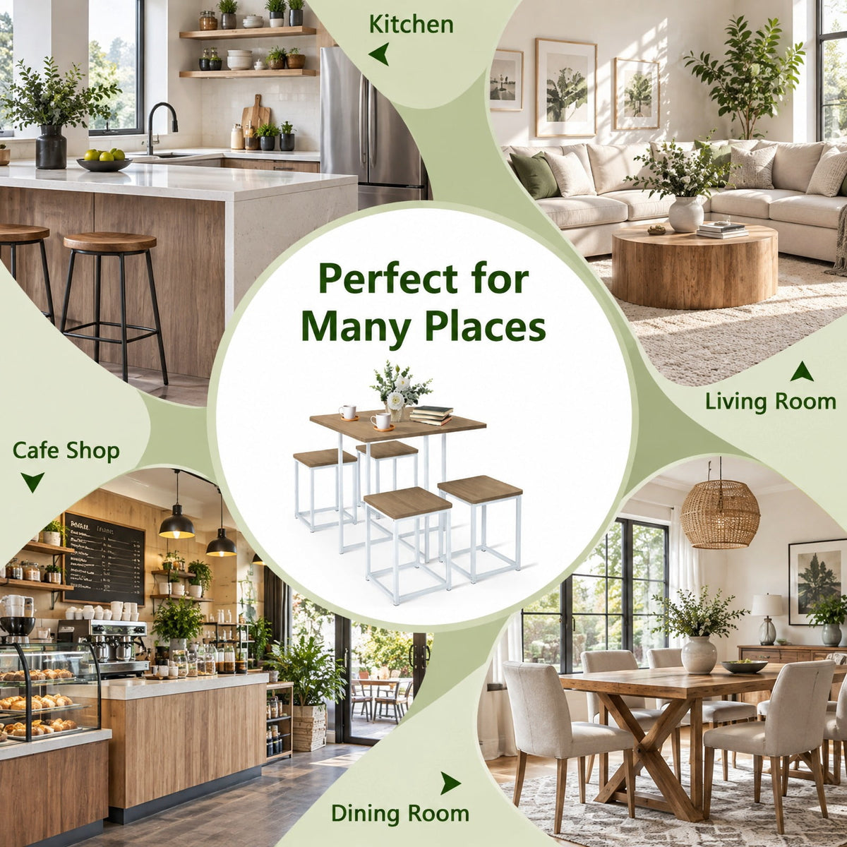 Airfind 5 Pieces Metal Frame Dining Set with Compact Dining Table and 4 Stools, Steel MDF Frame, 31in x 31in x 30in Footprint, Natural