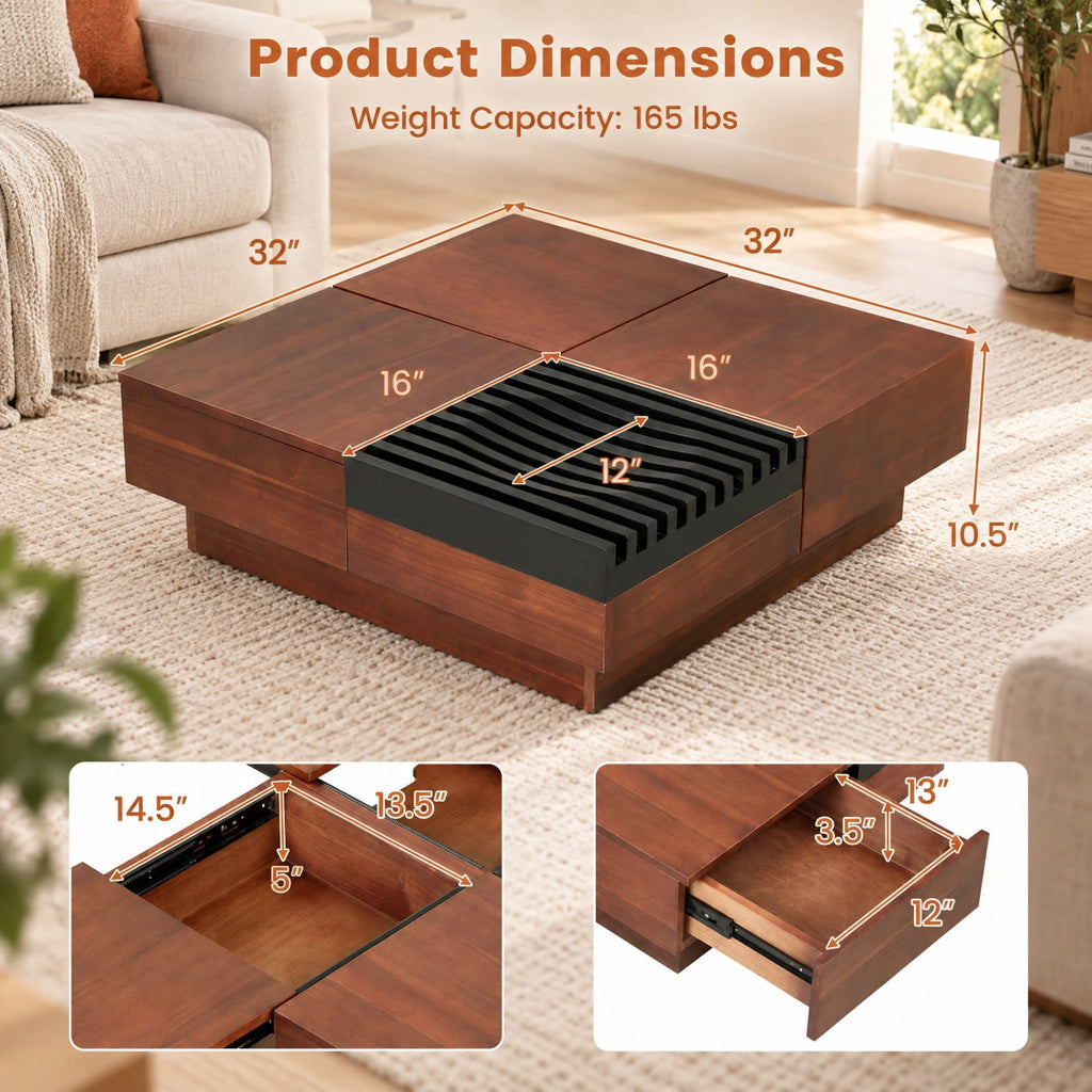 Airfind 32 Square Color-blocking Design Coffee Table with Storage Tray for Living Room, 165 lbs Capacity, Engineered Wood Frame, Walnut