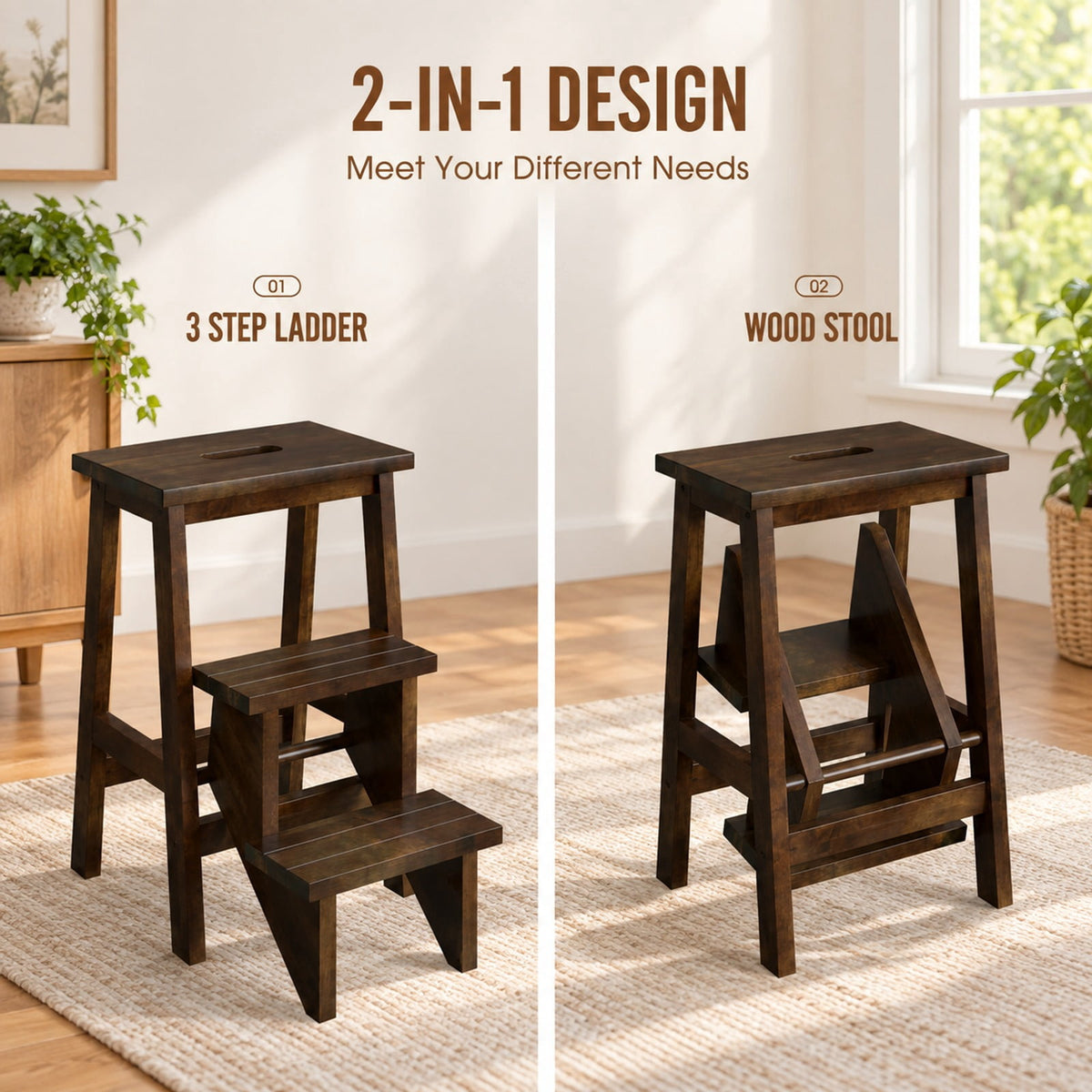 Airfind 3-in-1 Rubber Wood Step Stool with Convenient Handle, Rubber wood Frame, 22 x 16 x 24 Footprint, Brown