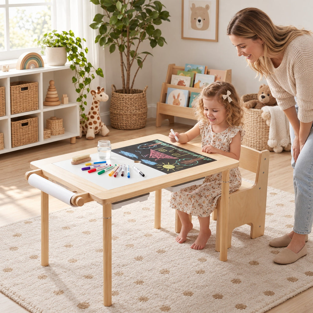 Airfind Kids Sensory Table Set with Adjustable Height and 2 Storage Bins, 165 lbs Capacity, Pine Wood Plywood Engineered Wood Frame, Natural