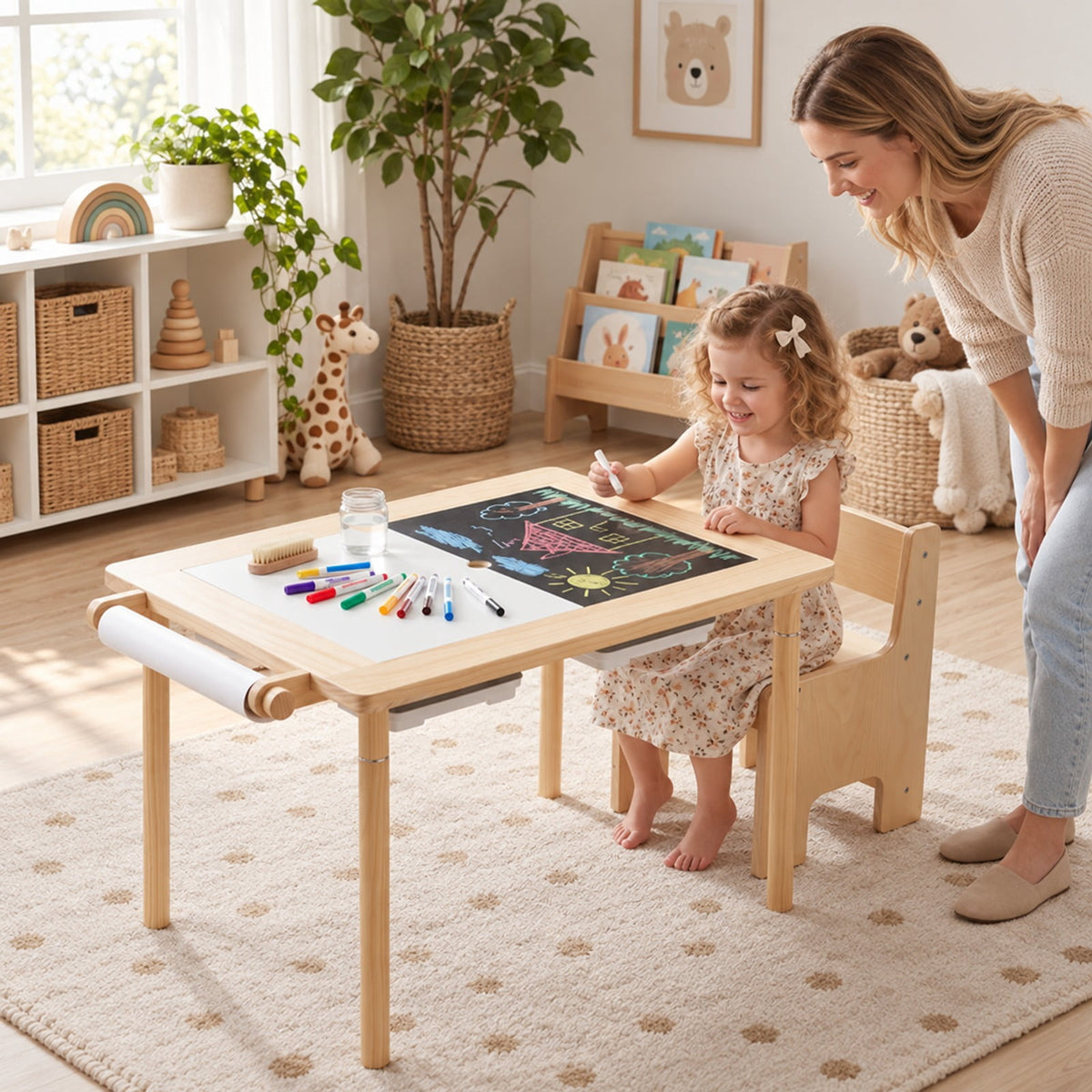 Airfind Kids Sensory Table Set with Adjustable Height and 2 Storage Bins, 165 lbs Capacity, Pine Wood Plywood Engineered Wood Frame, Natural