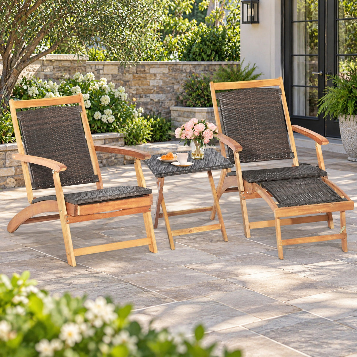 Airfind 2 Pieces Patio Rattan Folding Lounge Chair with Acacia Wood Table, Acacia Wood PE Rattan Steel Frame, 18 x 18 x 18 inch Footprint, Wood