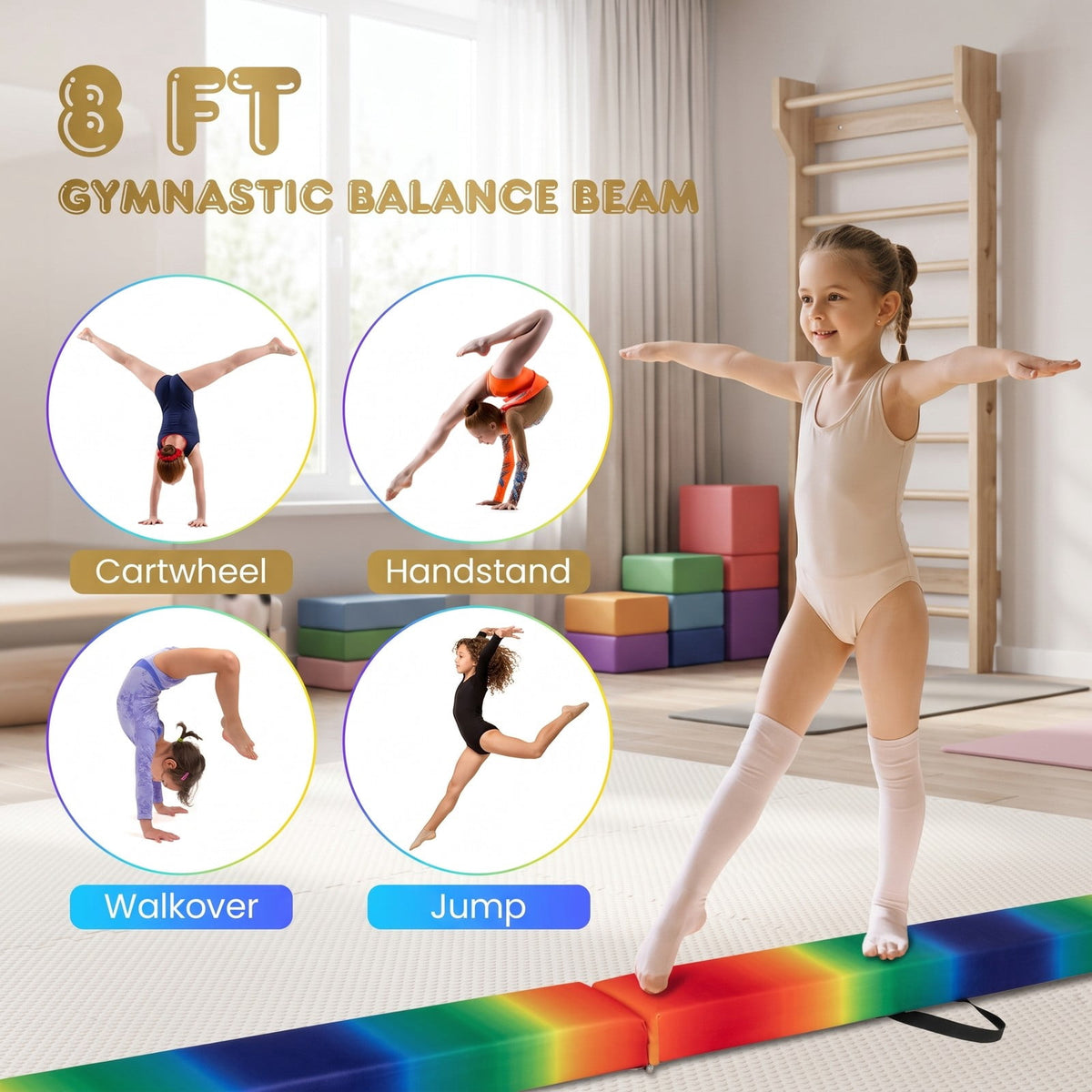 Airfind Folding Balance Beam for Kids with Solid Wood Base and Anti-slip Bottom for Home Gymnastics Training and Practice, Rainbow
