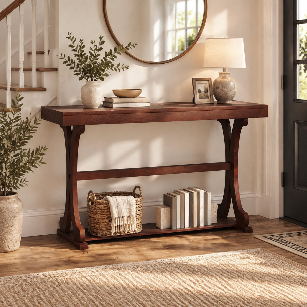 Airfind Narrow Console Table Vintage 52 Inch Long with Open Storage Shelf, 220 lbs Capacity, Solid Wood MDF Frame, 52 x 17 x 30 Footprint, Walnut