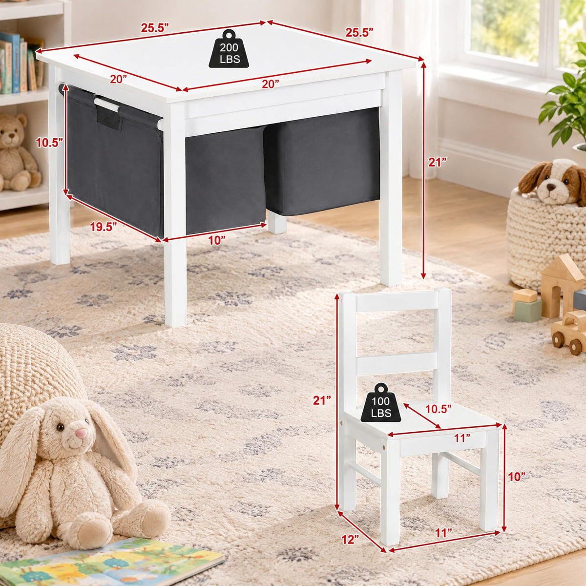 Airfind 2-in-1 Youth Activity Table and 2 Chairs Set with Storage Building Block Table, 200 Lbs Capacity, MDF Non-woven Fabric, for 3-8 Years, White