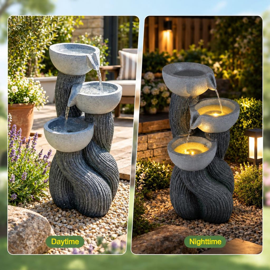 Airfind 3-Tier Outdoor Water Fountain with LED Lights 18.5 Inch H for Patio Deck, Resin Fiberglass Frame, Gray