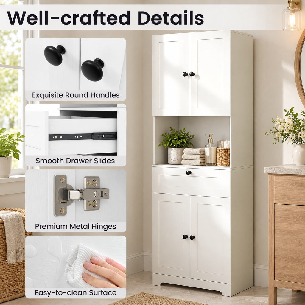 Airfind 67.5 Inch Tall Modern Freestanding Floor Storage Cabinet with 4 Doors and 1 Drawer, 243 lbs Capacity, MDF Engineered Wood Frame, White