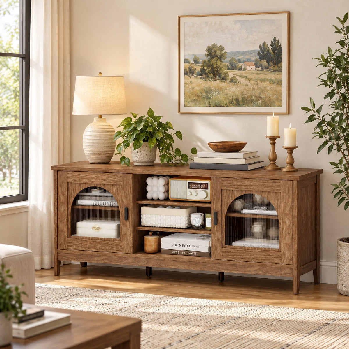 Airfind Modern Vintage TV Cabinet, with Adjustable Shelves and 2 Cable Holes for TVs up to 65 Inches, 176 lbs Capacity, Engineered Wood Frame, Walnut