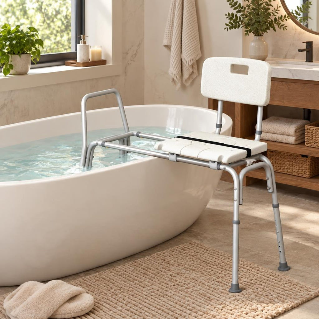 Airfind Sliding Tub Transfer Bench with Extra, 350 lbs Capacity, Aluminum Frame, 41.5 x 19.5 x 33.5-37.5 Footprint, White
