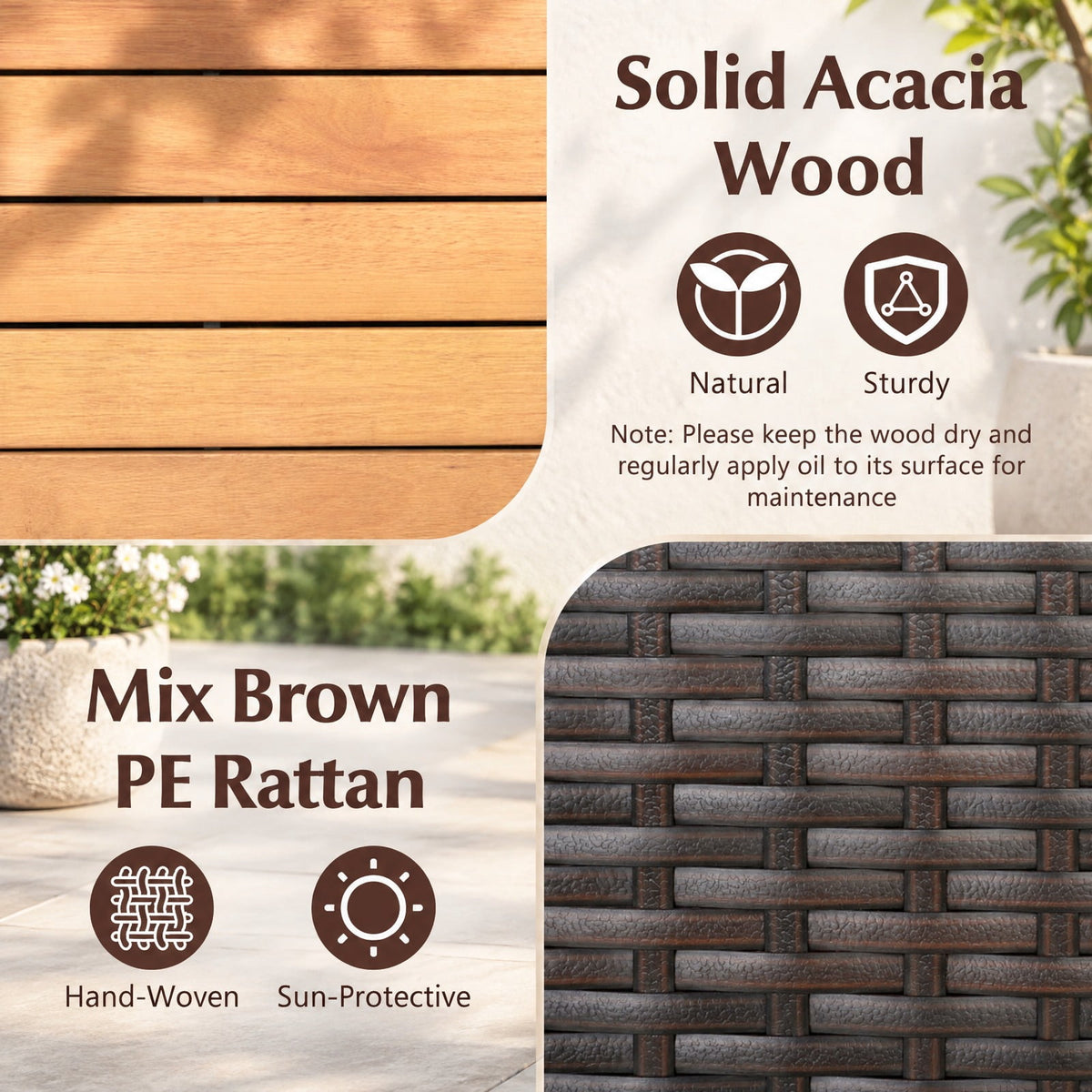 Airfind Outdoor Storage Cabinet with Acacia Wood Top and Lockable Wheels, 180 lbs Capacity, PE Rattan Acacia Wood Metal Frame, Brown