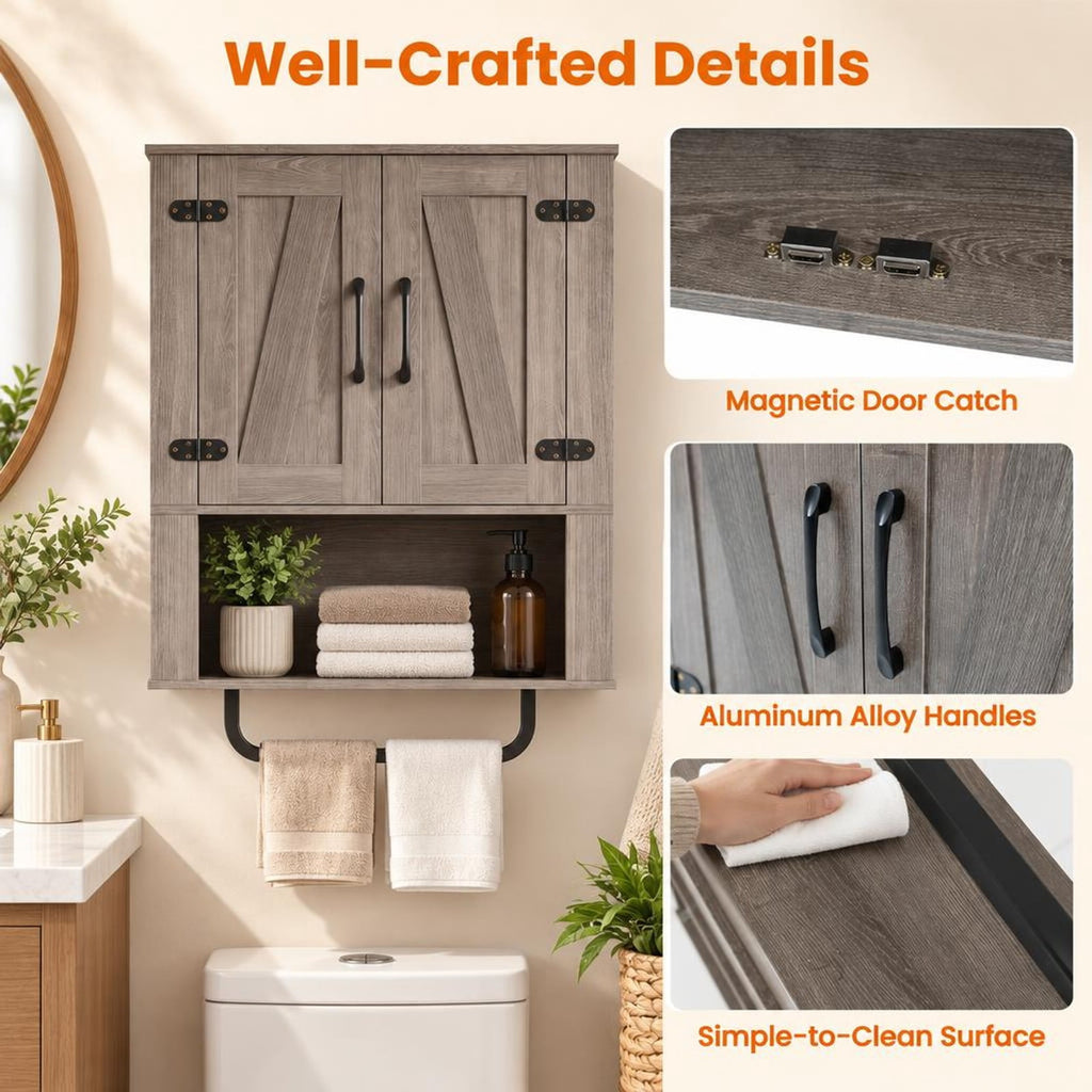 Airfind Bathroom Wall Cabinet with 2 Barn Doors and Towel Bar and 3-Tier Wooden Storage, 11 lbs Capacity, Engineered Wood MDF Metal Frame, Gray