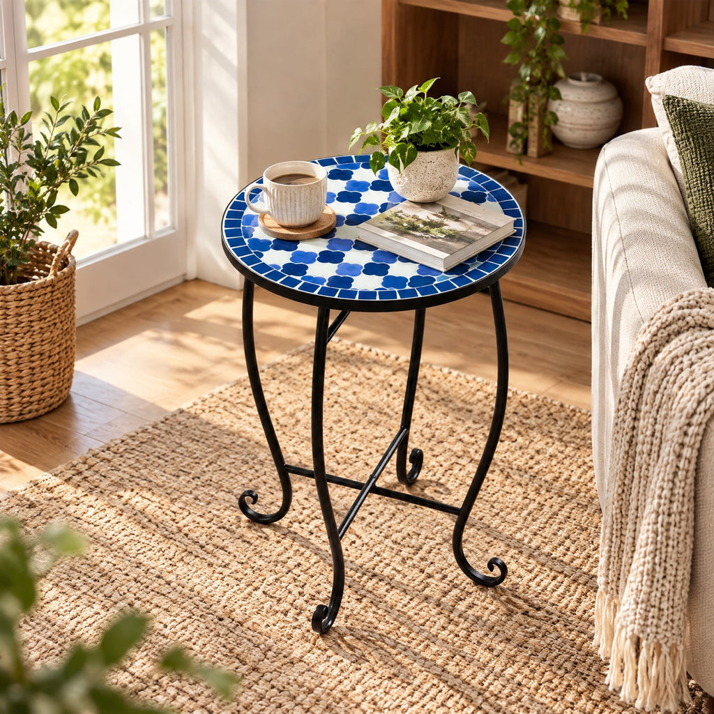 Airfind 14 Inch Floral Clover/Blooming Lotus/Bright Sunflower Mosaic Patio Accent Coffee End Table, 35 lbs Capacity, Metal Frame, 14 Inch x 20 Inch Footprint