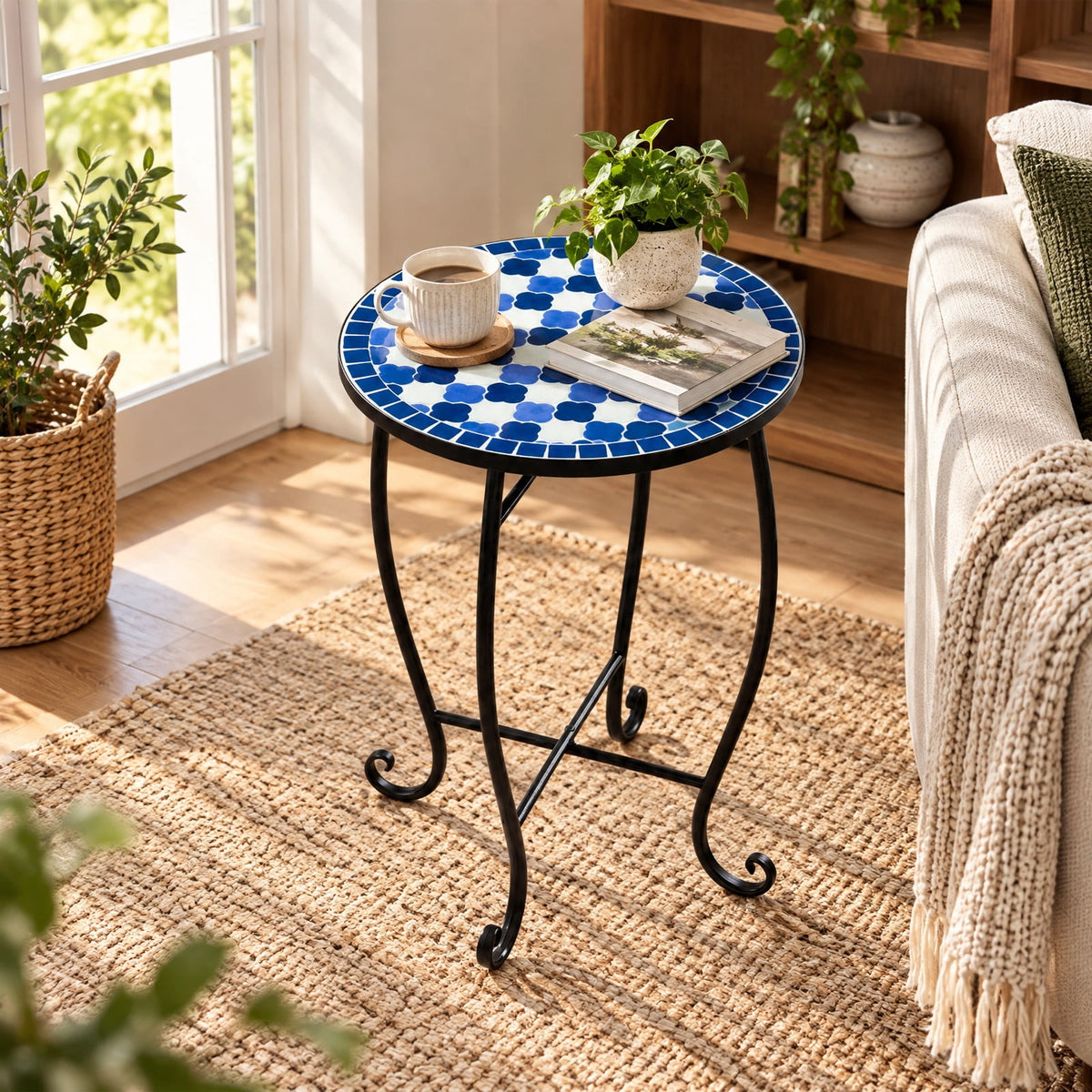 Airfind 14 Inch Floral Clover/Blooming Lotus/Bright Sunflower Mosaic Patio Accent Coffee End Table, 35 lbs Capacity, Metal Frame, 14 Inch x 20 Inch Footprint