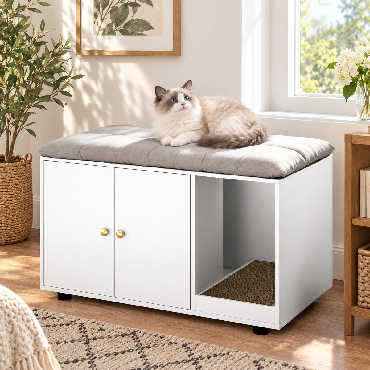 Airfind Wooden Cat Litter Box Enclosure Hidden Litter Box Furniture with Scratching Board, Engineered Board MDF Frame, White