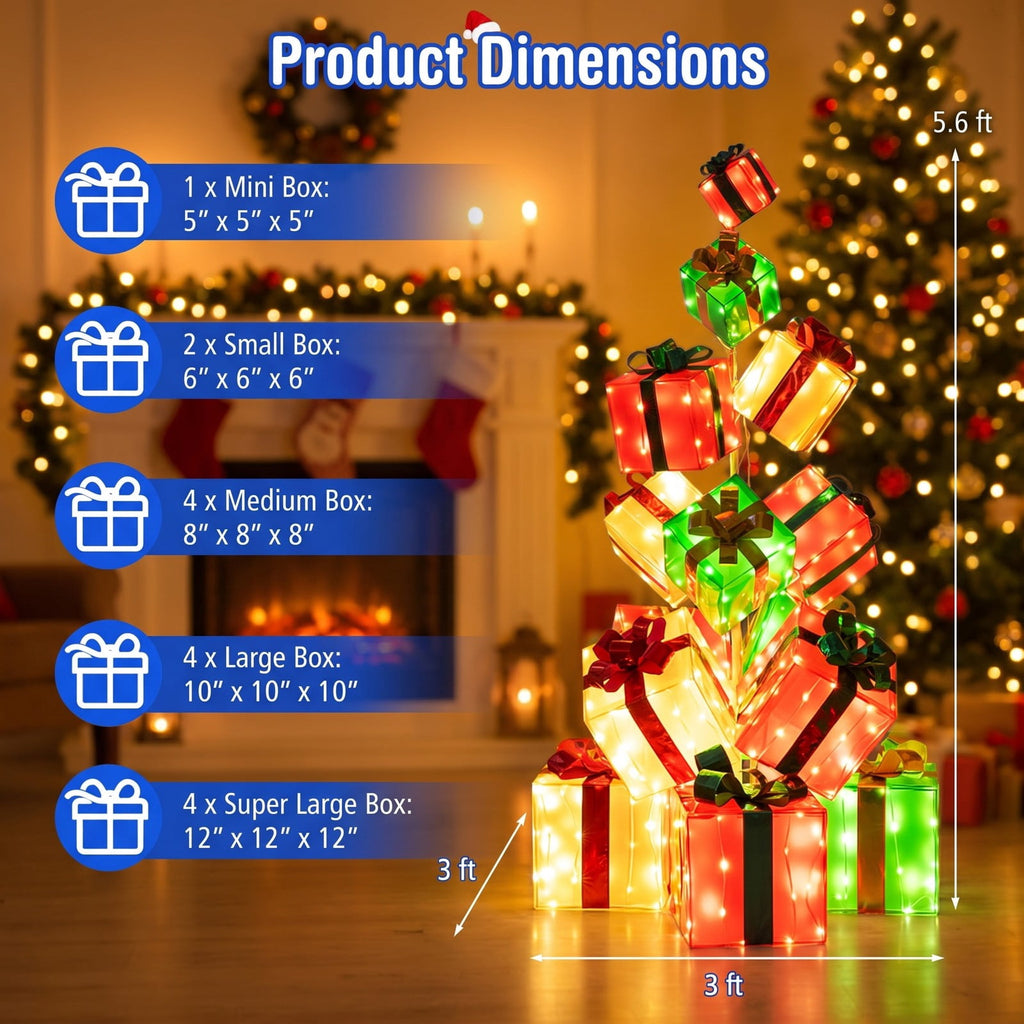 Airfind 15 PCS Lighted Christmas Boxes with Bowknot and 483 LED Light Bulbs for Indoor Outdoor, PVC Fabric Metal Frame, Red + Green + Gold