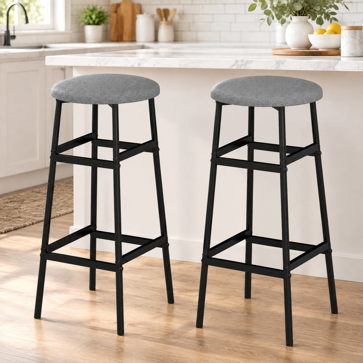 Airfind Bar Stools Set of 2 with Sturdy Metal Frame and Footrest, 330 lbs Capacity, Metal Linen Fabric Sponge Frame, Gray
