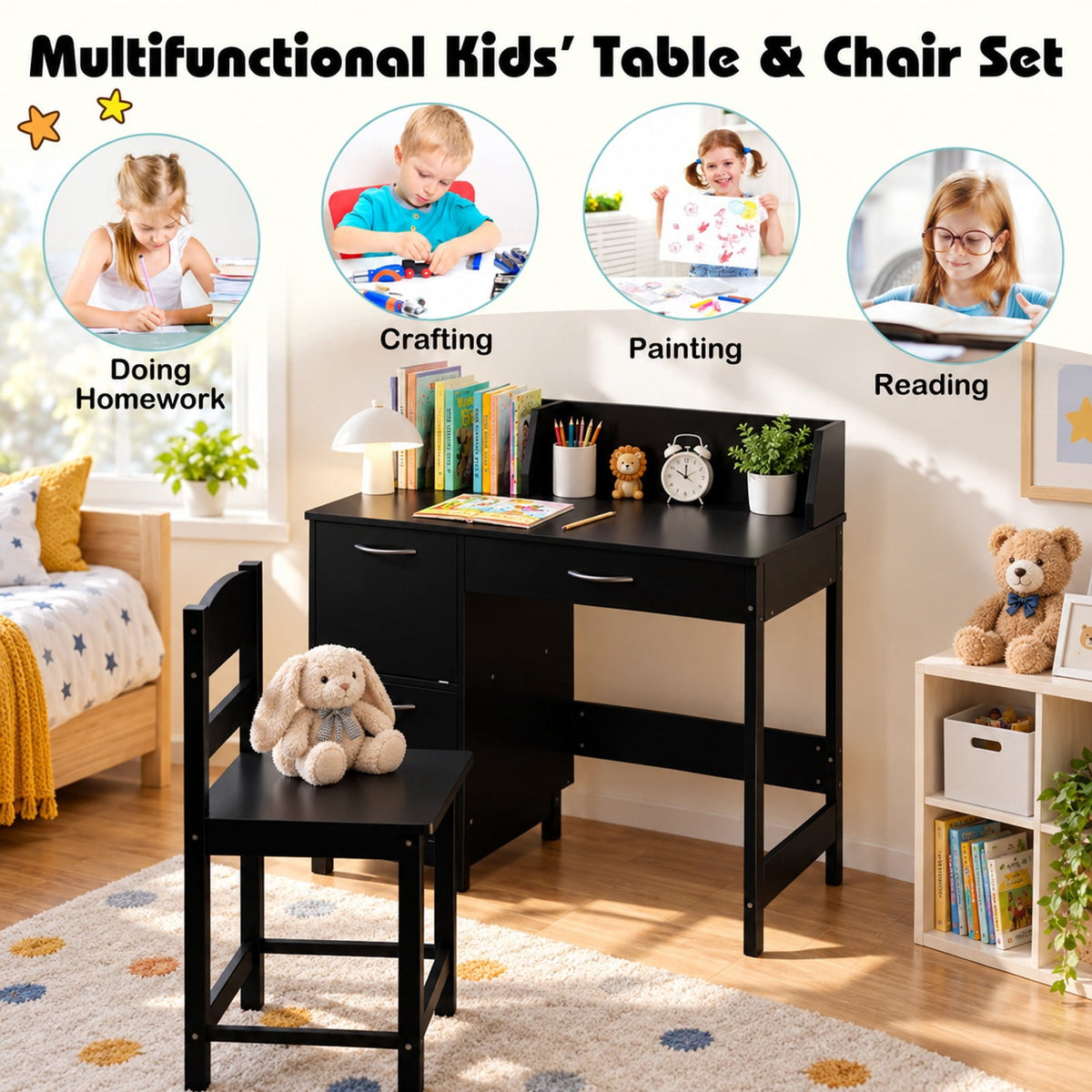 Airfind Wooden Kids Study Desk and Chair Set Student Workstation, 110 lbs Capacity, MDF Solid Wood Frame, for 3+, 35.5 x 18 x 32 Footprint, Black