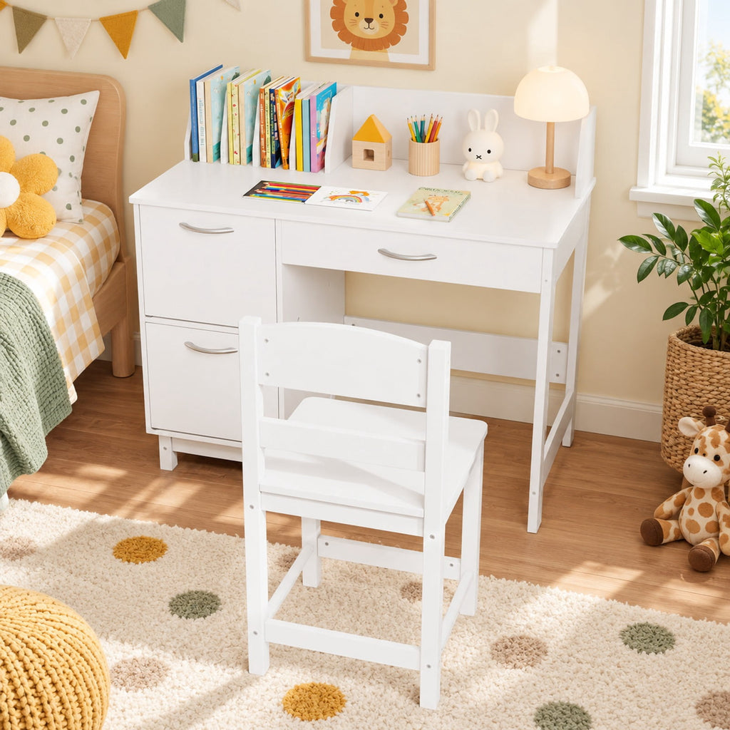 Airfind Wooden Kids Study Desk and Chair Set Student Workstation, 110 lbs Capacity, MDF Solid Wood Frame, for 3+, 35.5 x 18 x 32 Footprint, White