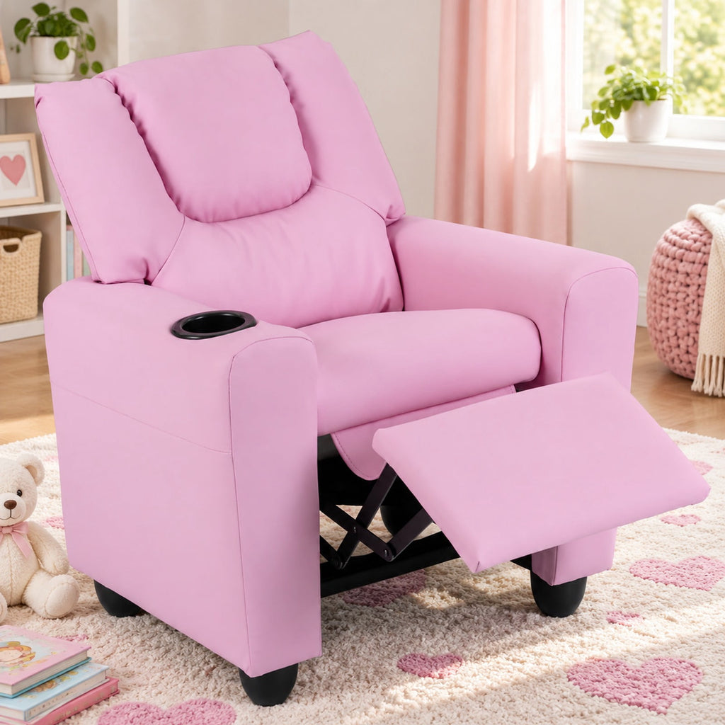 Airfind Kids Recliner Chair Push Back Toddler Reclining Armchair with Cup Holder, 150 lbs Capacity, Wood Frame, for 3+ years old, PInk