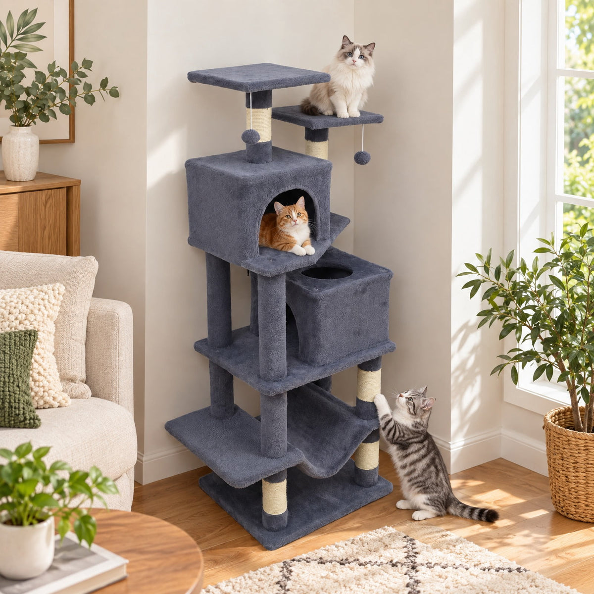 Airfind 57 Inch Cat Tree with Dual Condos and Hammock and 2 Dangling Balls, 29 x 16 Footprint, Gray