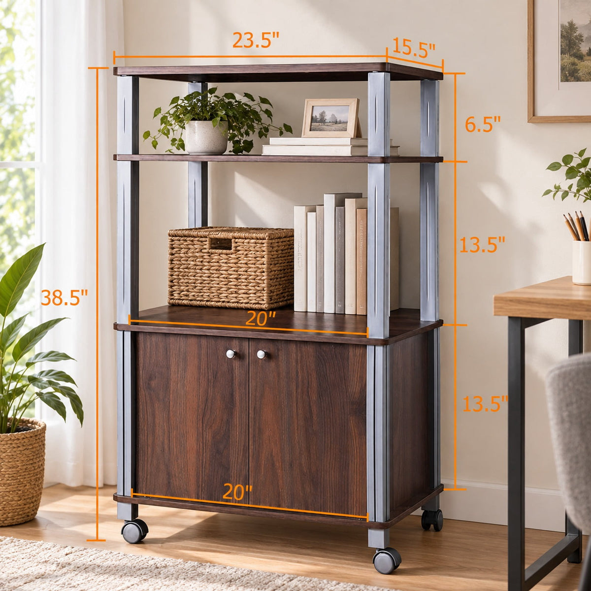 Airfind Microwave Rack Stand Rolling Storage Cart, P2 MDF Frame, 23.5 x 15.5 x 38.5 Footprint, Walnut