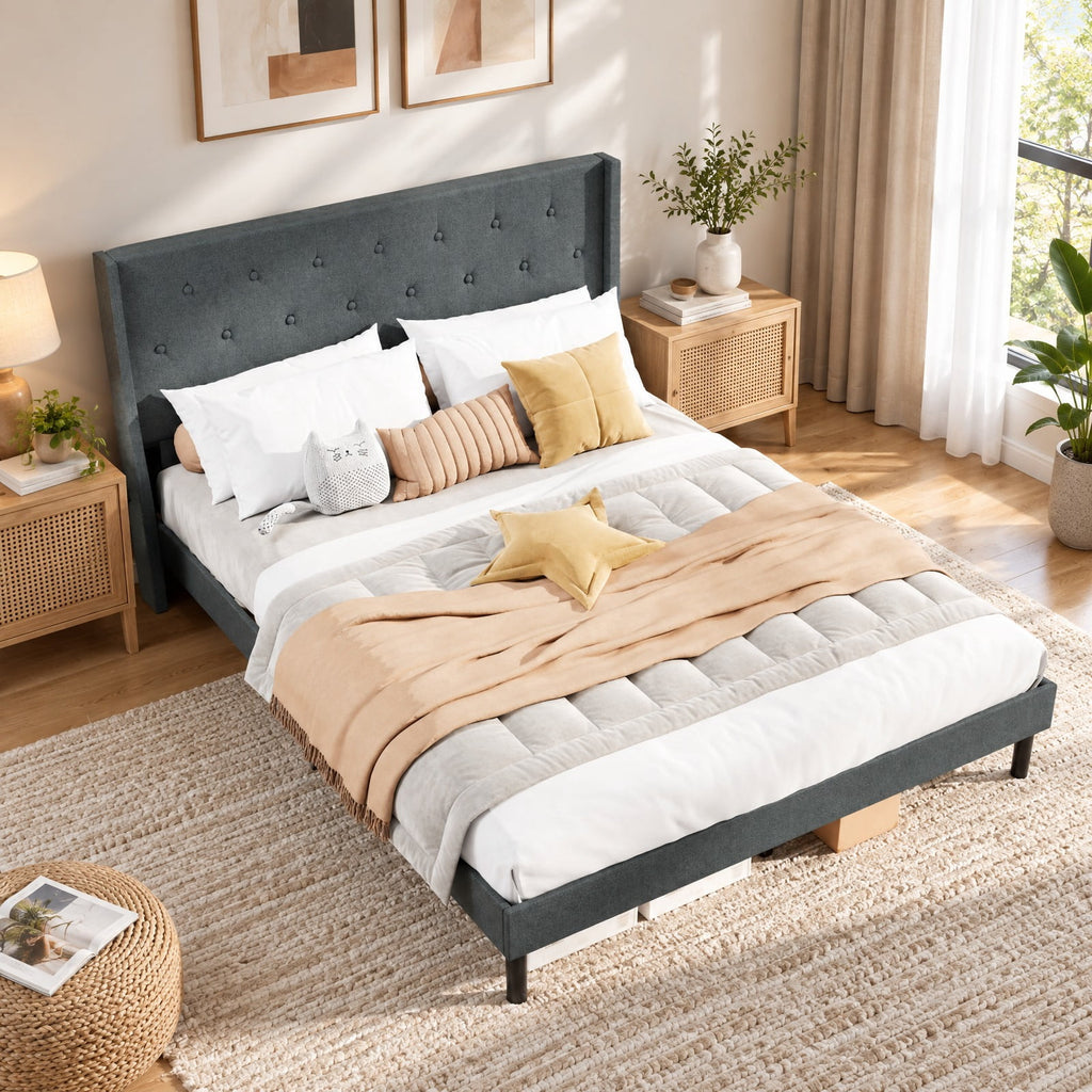 Airfind Queen Size Upholstered Bed Frame with Button Tufted Wingback Headboard and Wooden Slats Support Mattress Foundation, 800 lbs Capacity, Gray