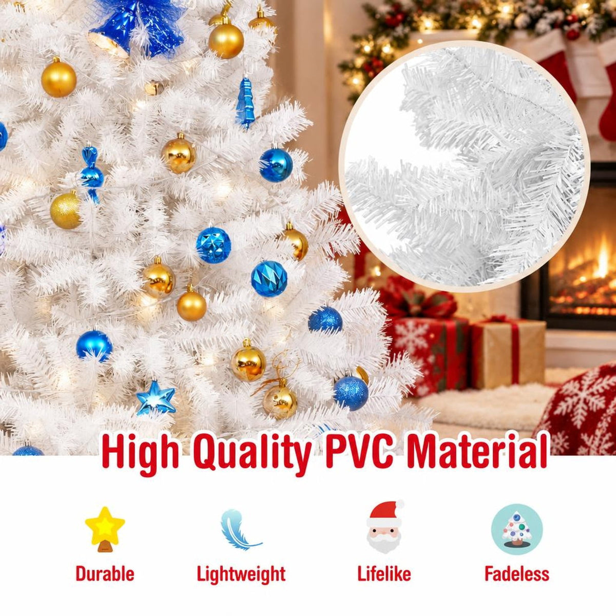Airfind 6 / 7.5 / 9 Hinged Artificial Christmas Tree with Metal Stand-9 ft, PVC iron Frame, φ 3.8 ft x 6 ft Footprint, White