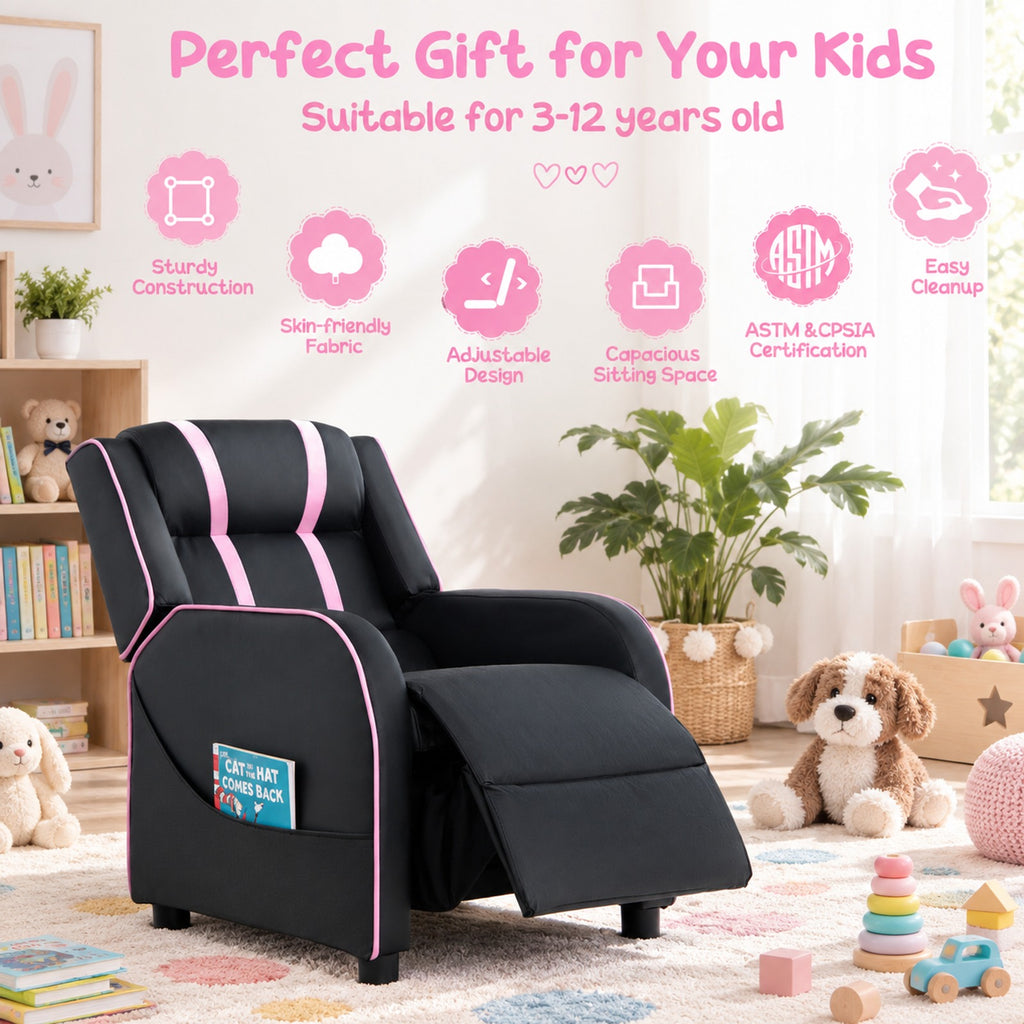 Airfind Kids Recliner Chair with Side Pockets and Footrest, 110 lbs Capacity, Sponge PU leather wood steel plastic Frame, Pink