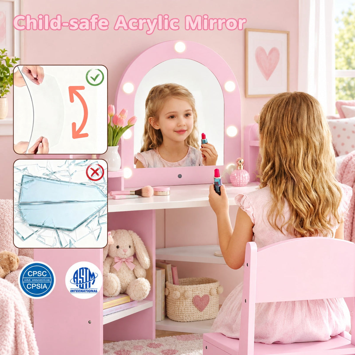 Airfind 2-In-1 Kids Vanity Set with Lights for Toddlers 3+ Years Old, 45 lbs Capacity, MDF Non-woven Fabric Frame, 37 x 24 x 39.5 Footprint, Pink