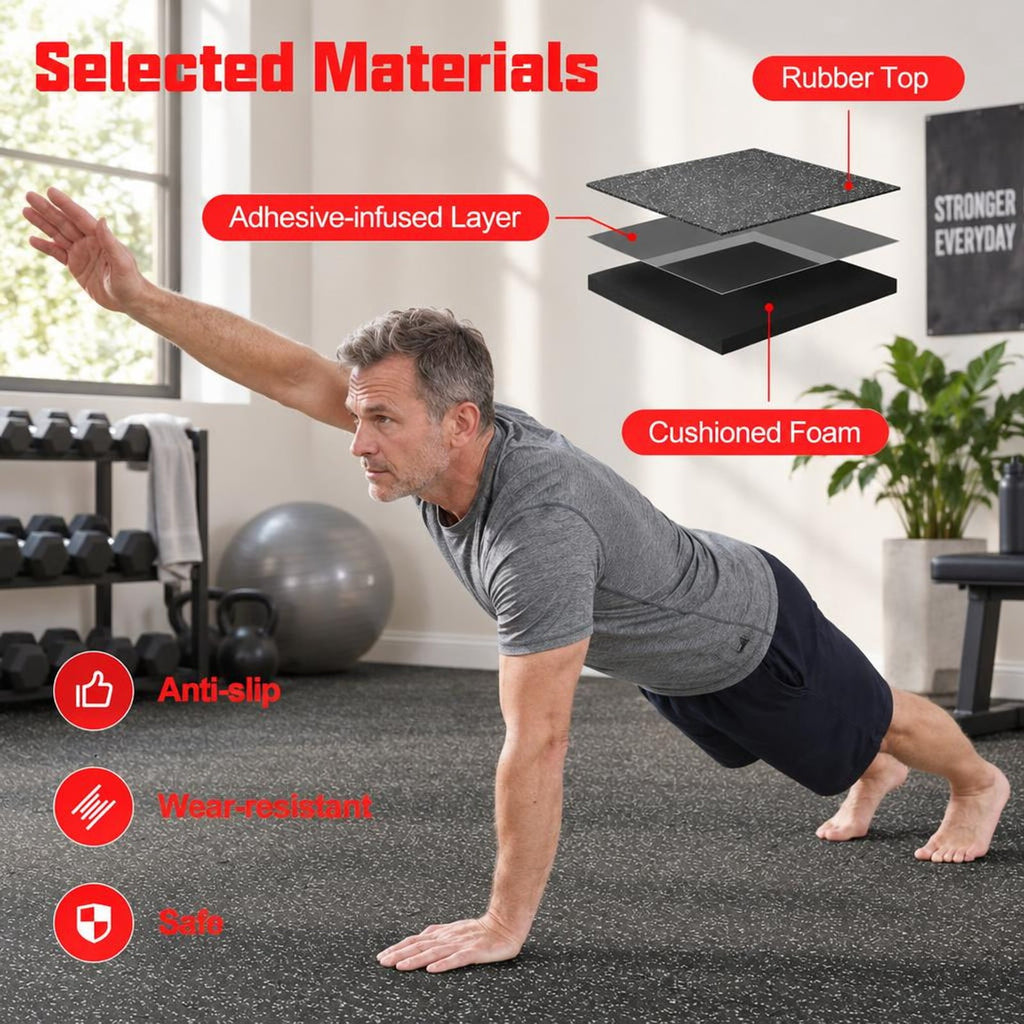 Airfind 0.79 inch Thick Rubber Top Exercise Mat 48 Sq Ft with Boarders, Rubber PE Foam Frame, of 12 Tiles 6 x 8 ft Total Footprint, Black