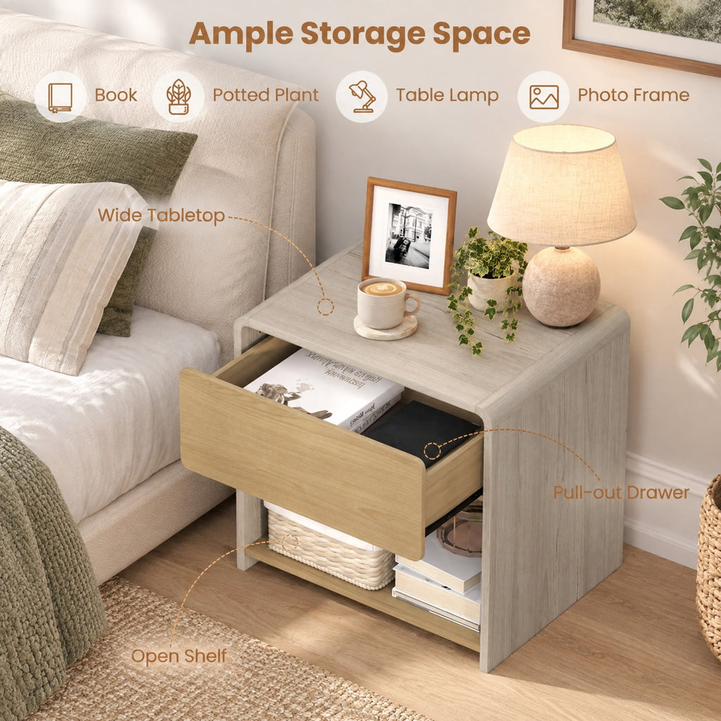 Airfind 2-Tier Modern Style Nightstand with Drawer and Open Shelf, 77 lbs Capacity, Metal Engineered Wood Frame, 24in x 18in x 23in Footprint, Oak