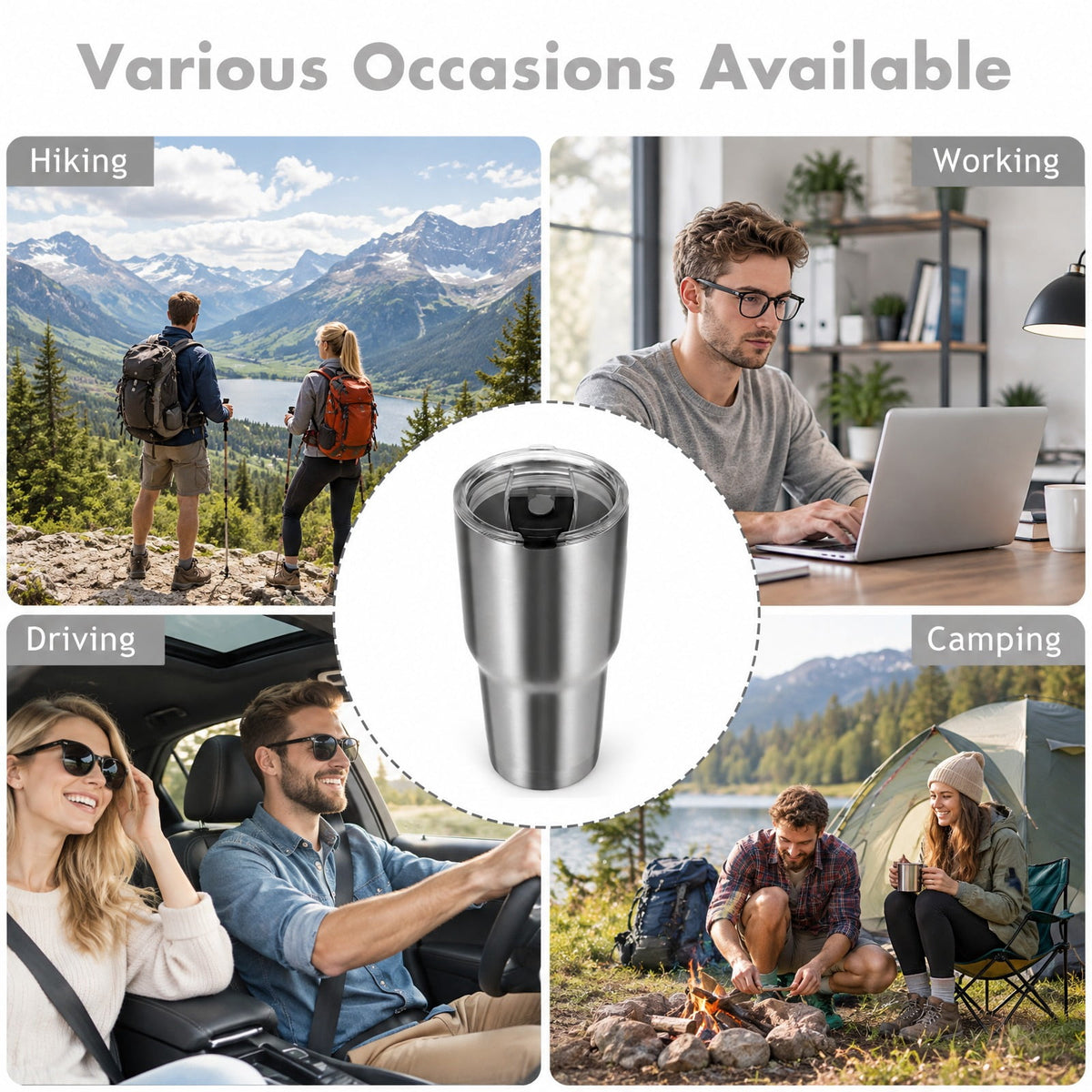 Airfind 30oz Stainless Steel Tumbler Cup Double Wall Vacuum Insulated Mug featuring Lid, 304 Stainless Steel AS PP Silicone Frame, Silver
