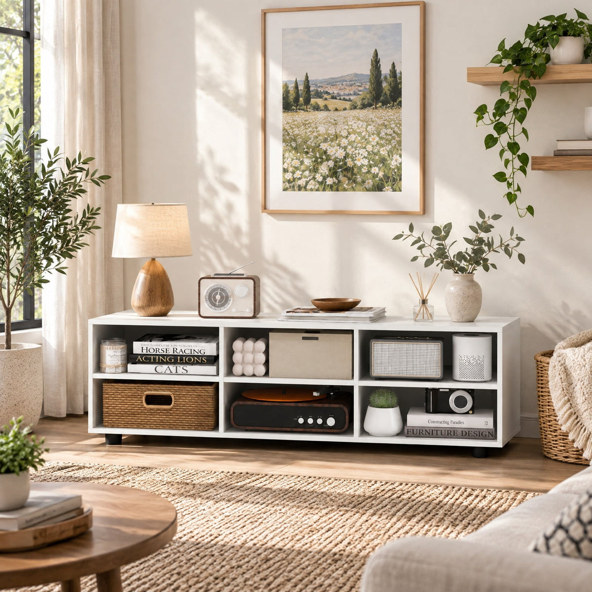 Airfind TV Stand for TV up to 55 Inch with 6 Storage Compartments, 135 lbs Capacity, Engineered Wood MDF Frame, 45 Inch x15.5 Inch x 13.5 Inch Footprint, White