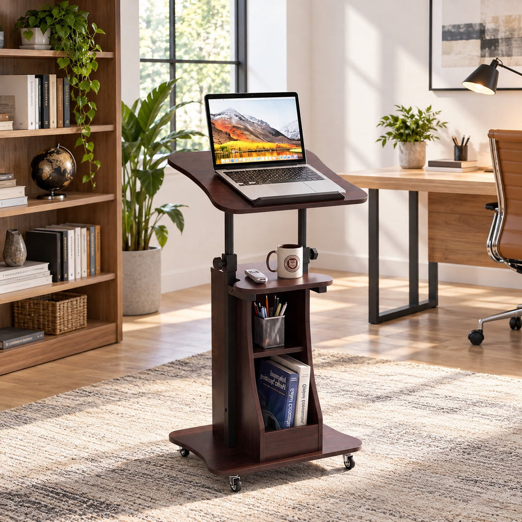 Airfind Mobile Podium Stand Height Adjustable Laptop Cart with Tilting Tabletop and Storage Compartments, 200 lbs Capacity, Brown