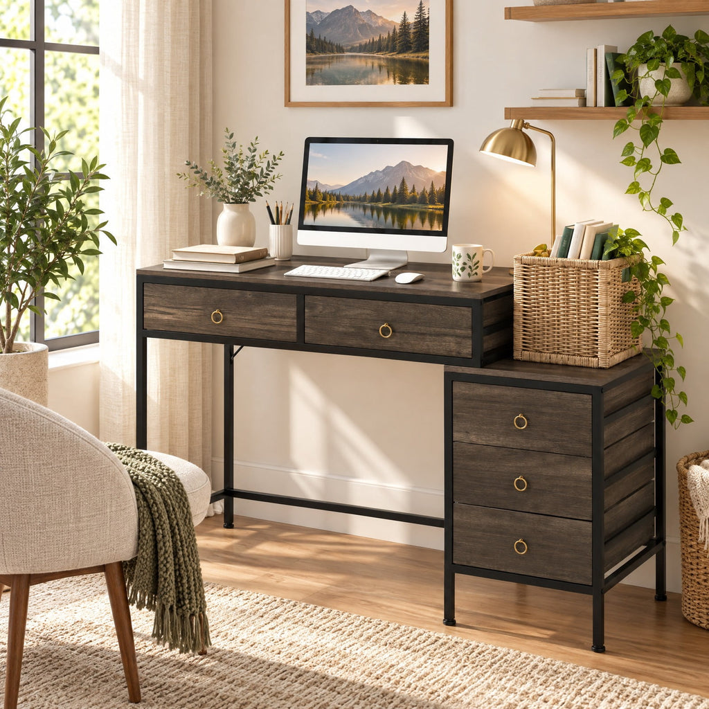 Airfind Computer Desk with 5 Drawers Home Office Desk with Side File Cabinet, 380 lbs Capacity, Engineered Wood Metal MDF Frame, Grey