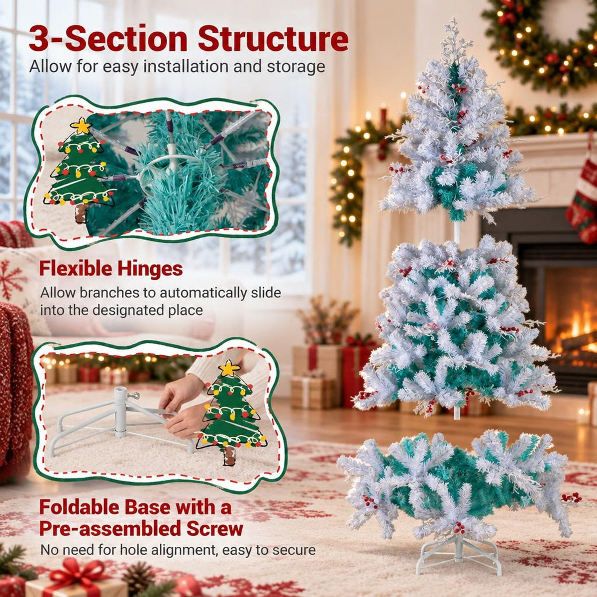 Airfind Pre-Lit Artificial Christmas Tree with Snow Flocked Branch Tips, PVC PE Metal Frame, 3.8 x 6 ft Footprint, White+Lake Blue