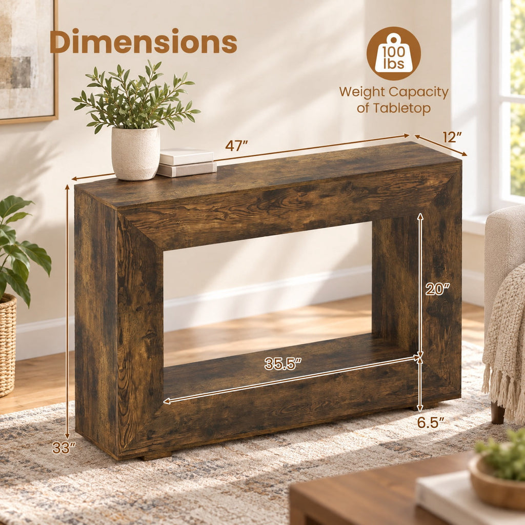 Airfind 47 Inch 2-Tier Farmhouse Console Table with Open Storage Shelf for Living Room, 47 Inch x 12 Inch x 33 Inch Middle Footprint, Brown