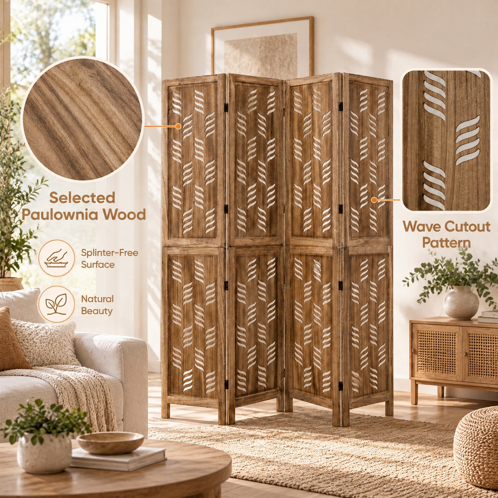 Airfind 5.5 FT Tall Room Divider 4 Panels with Wave Cutout Paulownia Frame for Room, Paulownia Wood Metal Frame, 62 x 67 Footprint, Brown