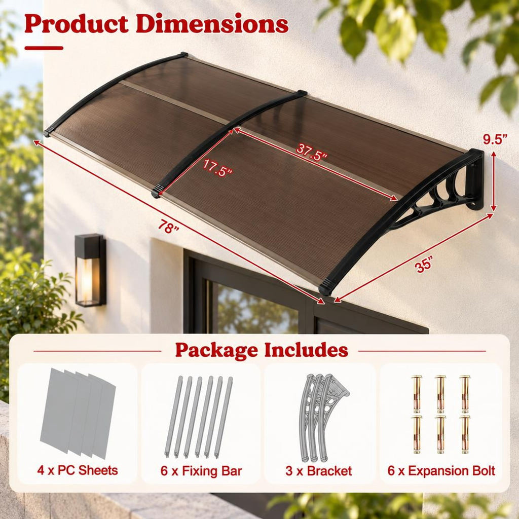 Airfind Outdoor Front Door Patio Overhang Awning for Sunlight Rain Snow Wind Protection-78 x 35 Inch, 44 lbs Capacity, 48 x 40 x 11 Footprint