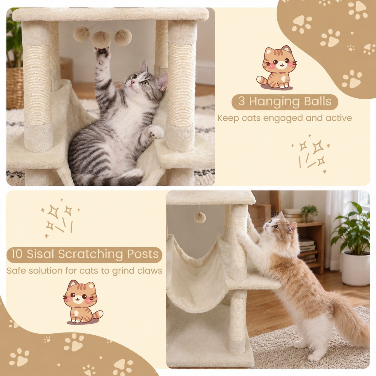Airfind Large Cat Tree for Indoor Cats 63 Inch Tall Cat Tower, Plush Fabric Sisal Engineered Wood Base Frame, Beige