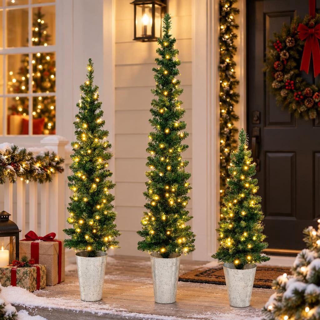 Airfind Set of 3 Pre-Lit Artificial Christmas Trees with 230 Warm White LED Lights, PVC Tree Height 3 ft Tree Width 10 Inch Frame, White