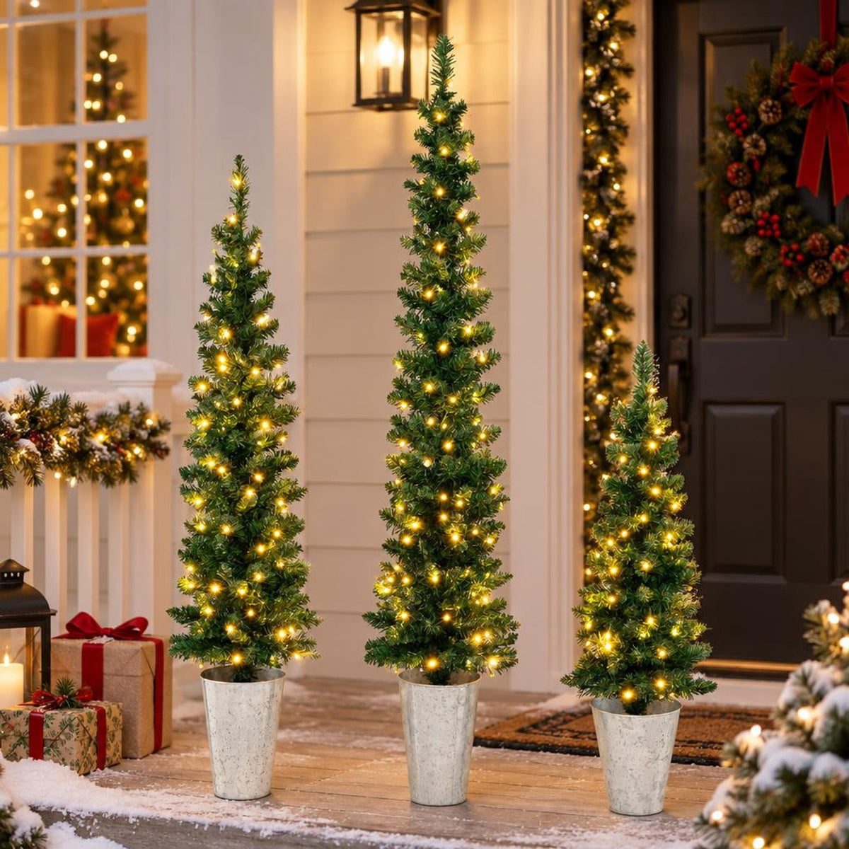 Airfind Set of 3 Pre-Lit Artificial Christmas Trees with 230 Warm White LED Lights, PVC Tree Height 3 ft Tree Width 10 Inch Frame, White