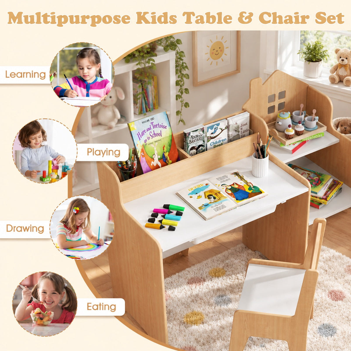 Airfind Kids Study Desk and Chair Set with Open Shelves Drawer and Fabric Storage Bin, 44 lbs Capacity, MDF Non-woven Fabric Desk Frame, Natural