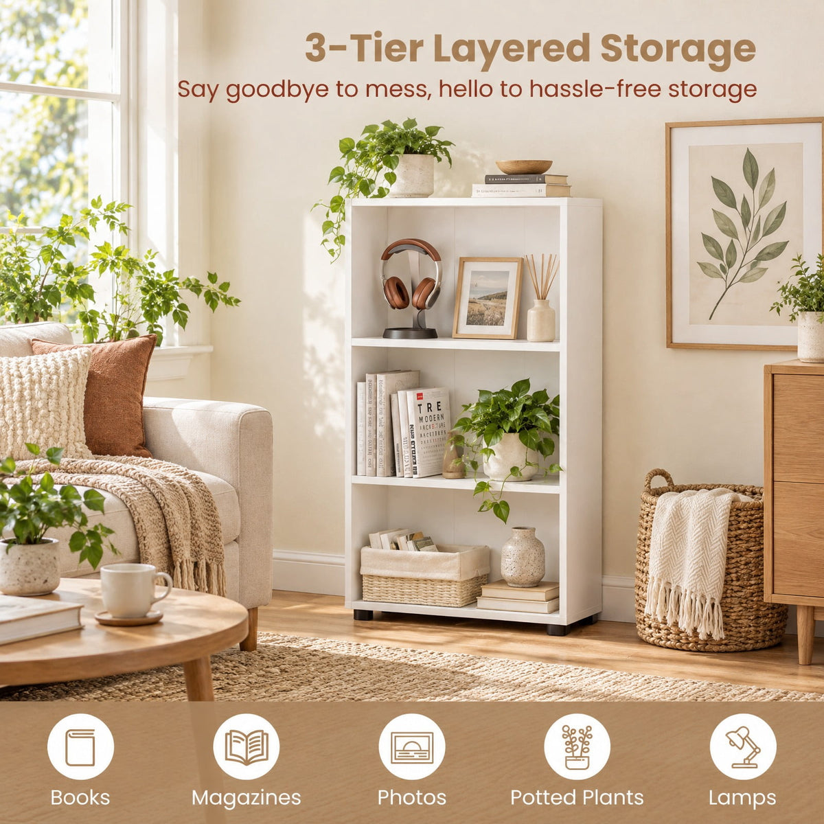 Airfind 3-Tier Bookcase 42 inch Tall Book Shelf with Anti-Tipping Kit, 22 lbs Capacity, Engineered Wood MDF Frame, 22 x 8 x 42 Footprint, White